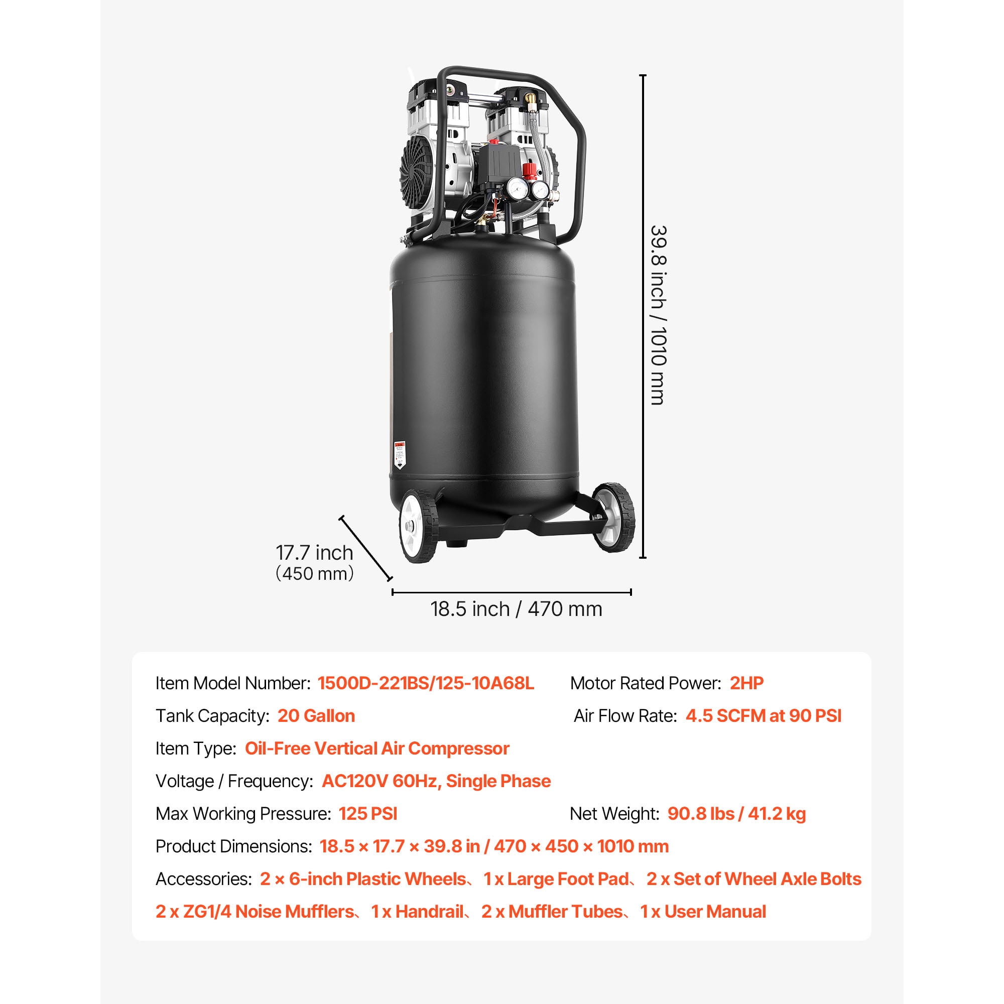 KFFKFF 20-Gallon Portable Air Compressor, 2HP, 4.5 SCFM at 90PSI, Max 125PSI Oil-Free Tank, Ideal for Auto Repairs, Tire Inflation, Painting, and Woodworking, 120V
