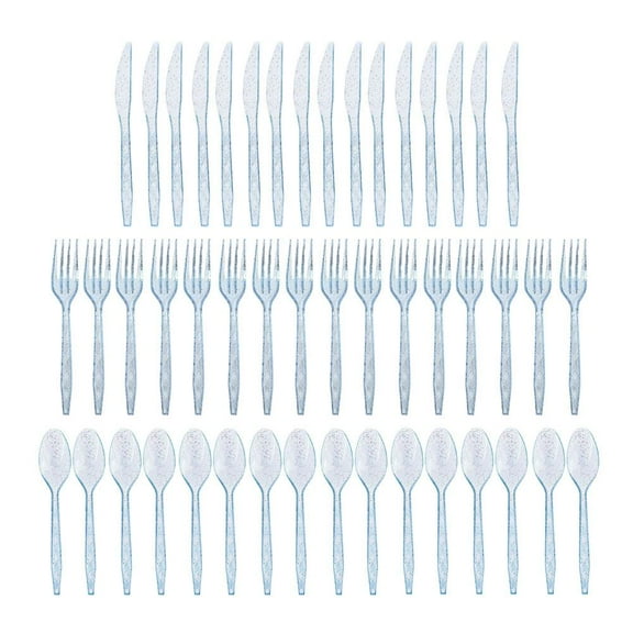 48 Counts Glitter Plastic Silverware Set Disposable Clear Plastic Cutlery Flatware for Party 16 Knives 16 Spoons 16 Fork for Party Birthday Dinnerware Supplies-Blue