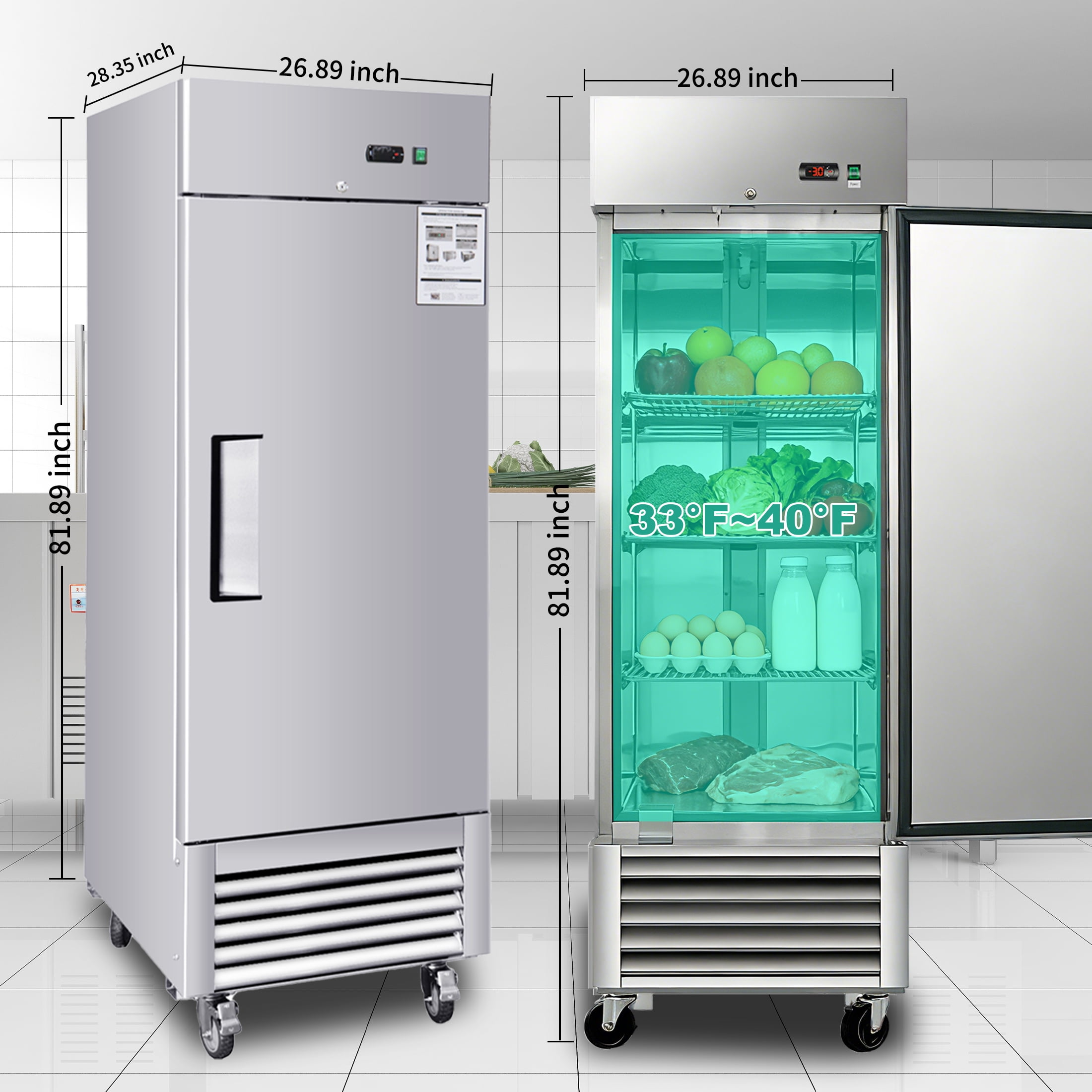 CTOSPOATO 27"W Commercial Refrigerator 18.68 Cu.ft.Reach-in Merchandising Refrigerator for Restaurant,Bar,Shop