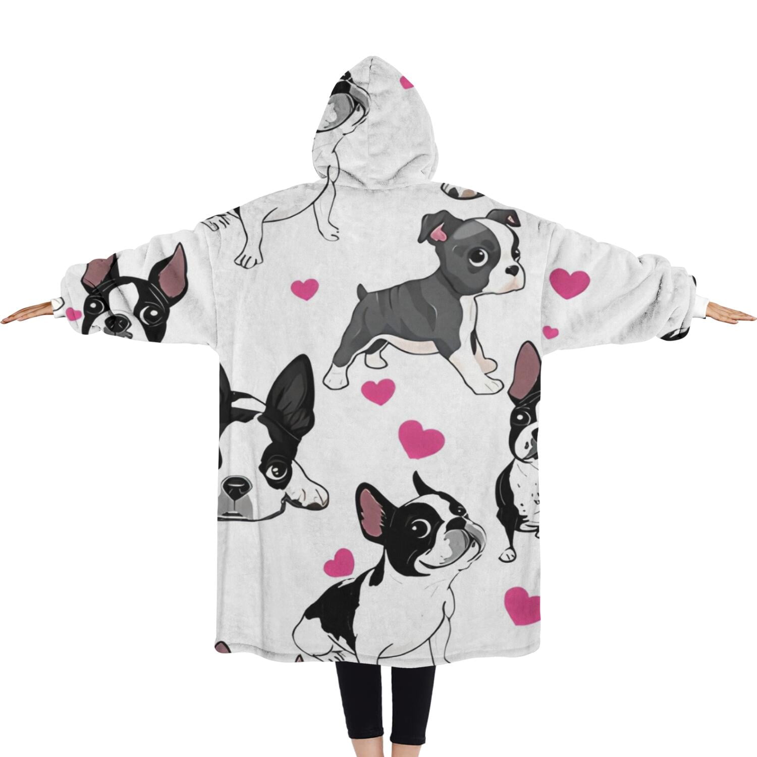 Oversized Wearable Blanket Hoodie,Pug and Love Heart Sherpa Blanket Hoodie with Super Pockets,Super Warm Fuzzy Pullover for Women & Men