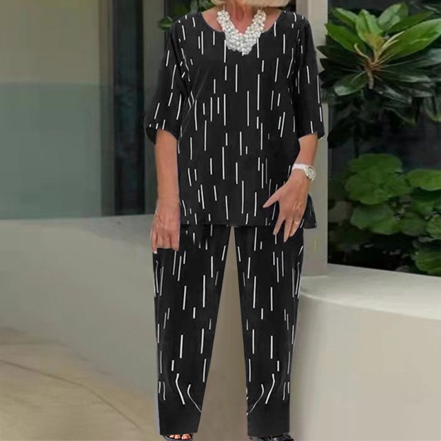 Ensembles Assortis pour Femmes Imprimé Manches Mi-Longues Pull Chemise Hauts + Pantalons Ensemble Deux Pièces en Solde
