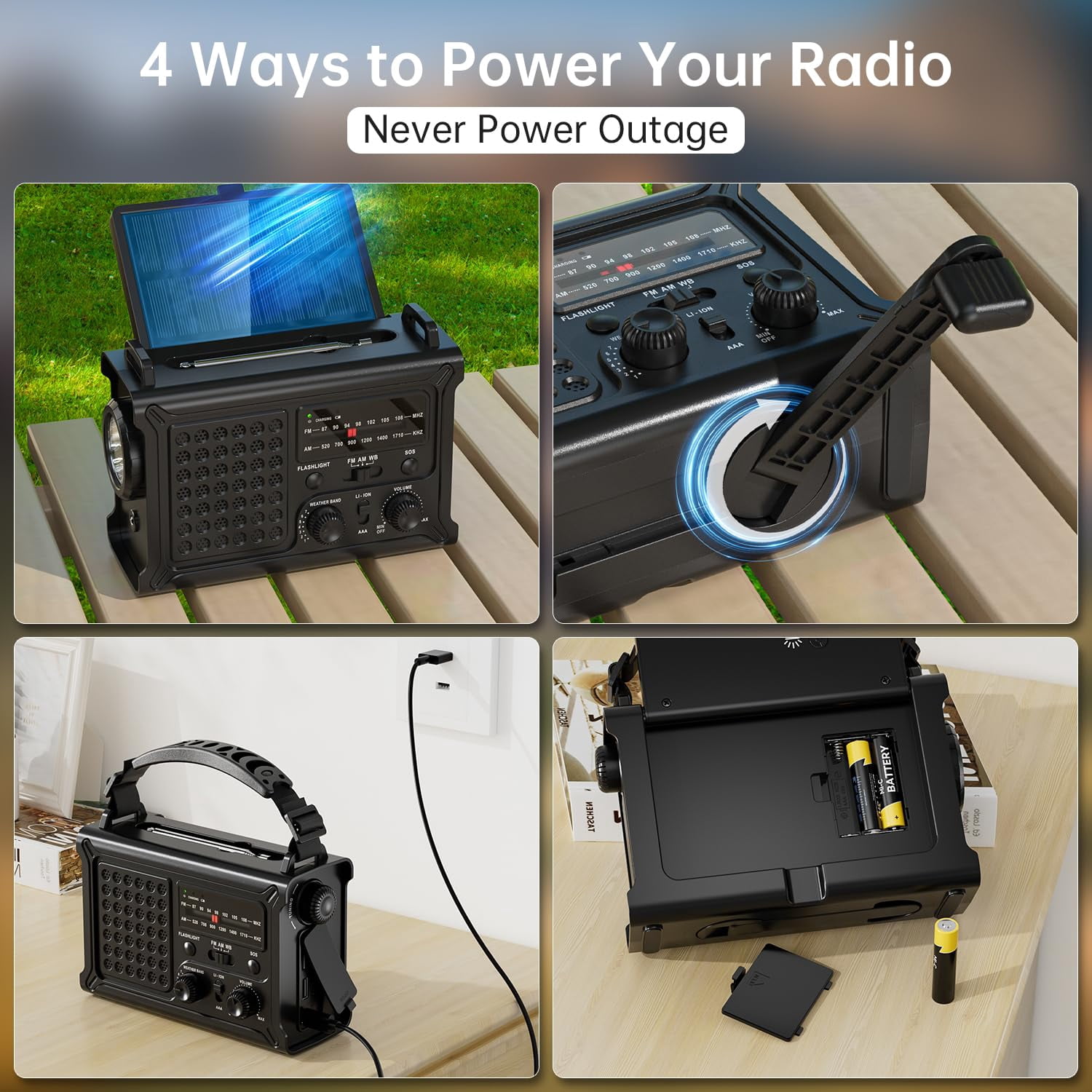 Noaa Emergency Weather Radio-12000mah/44400mwh Radio Portable Am/fm With Solar/hand Crank/usb Rechargeable Battery/sos Alarm For Indoor/outdoor Emergencies