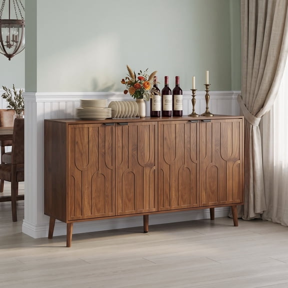 WRXELAN 55" Buffet Cabinet ,four-door storage unit with metal handlesmid-century modern style wooden entryway cabinet, (Walnut)