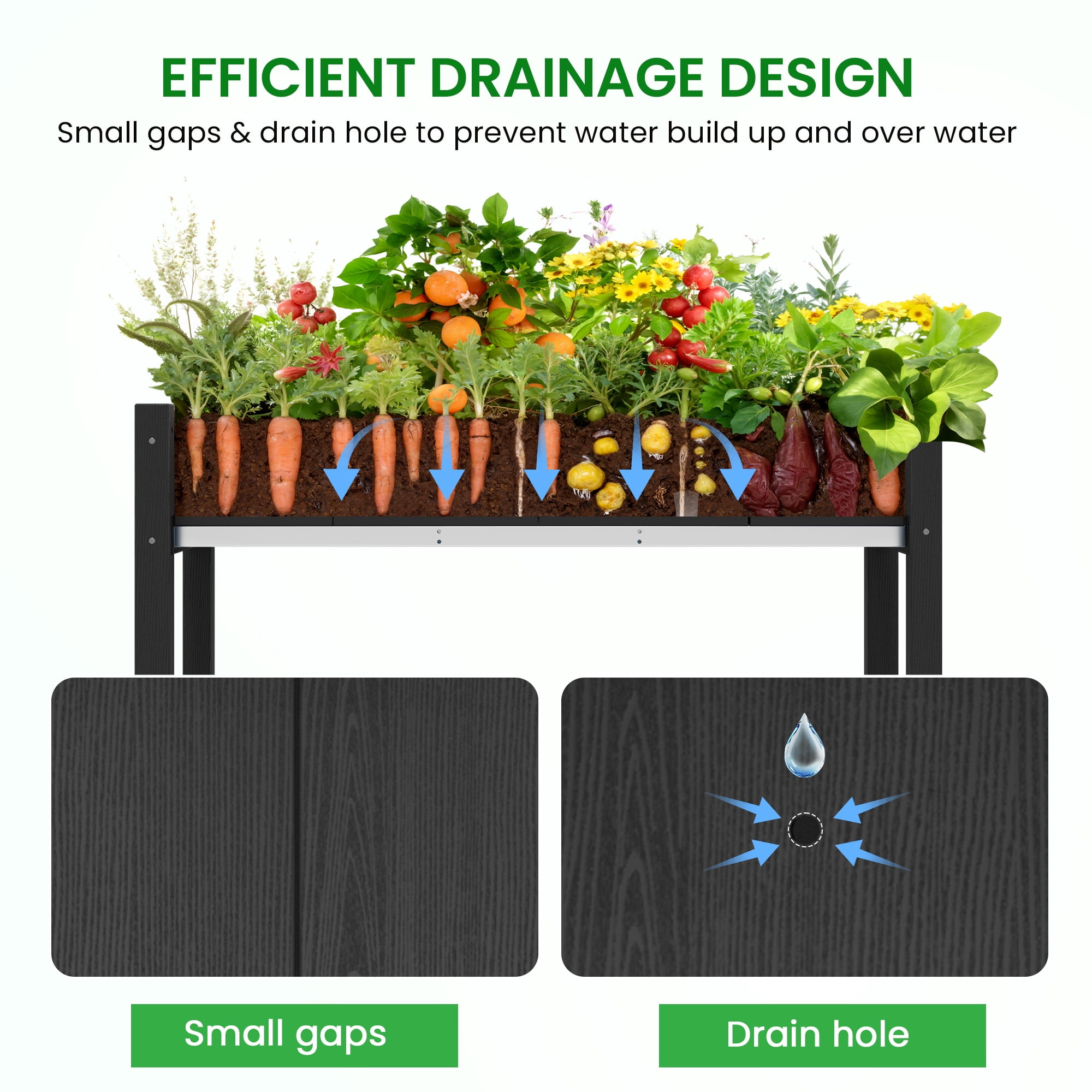SERWALL HDPE Raised Garden Bed with Legs, 43"x16"x30" Elevated Planter Box, Outdoor Planter for Vegetables Flowers, 2-Piece, Black