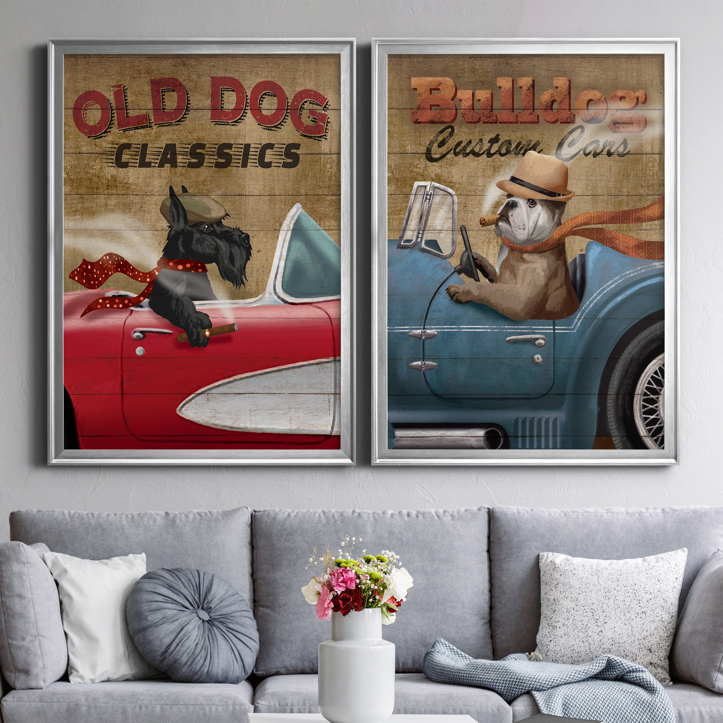 2 Piece Set Old Dog Classics Premium Framed Canvas - Ready to Hang - 26.5 x 36.5 Each - Silver Frame