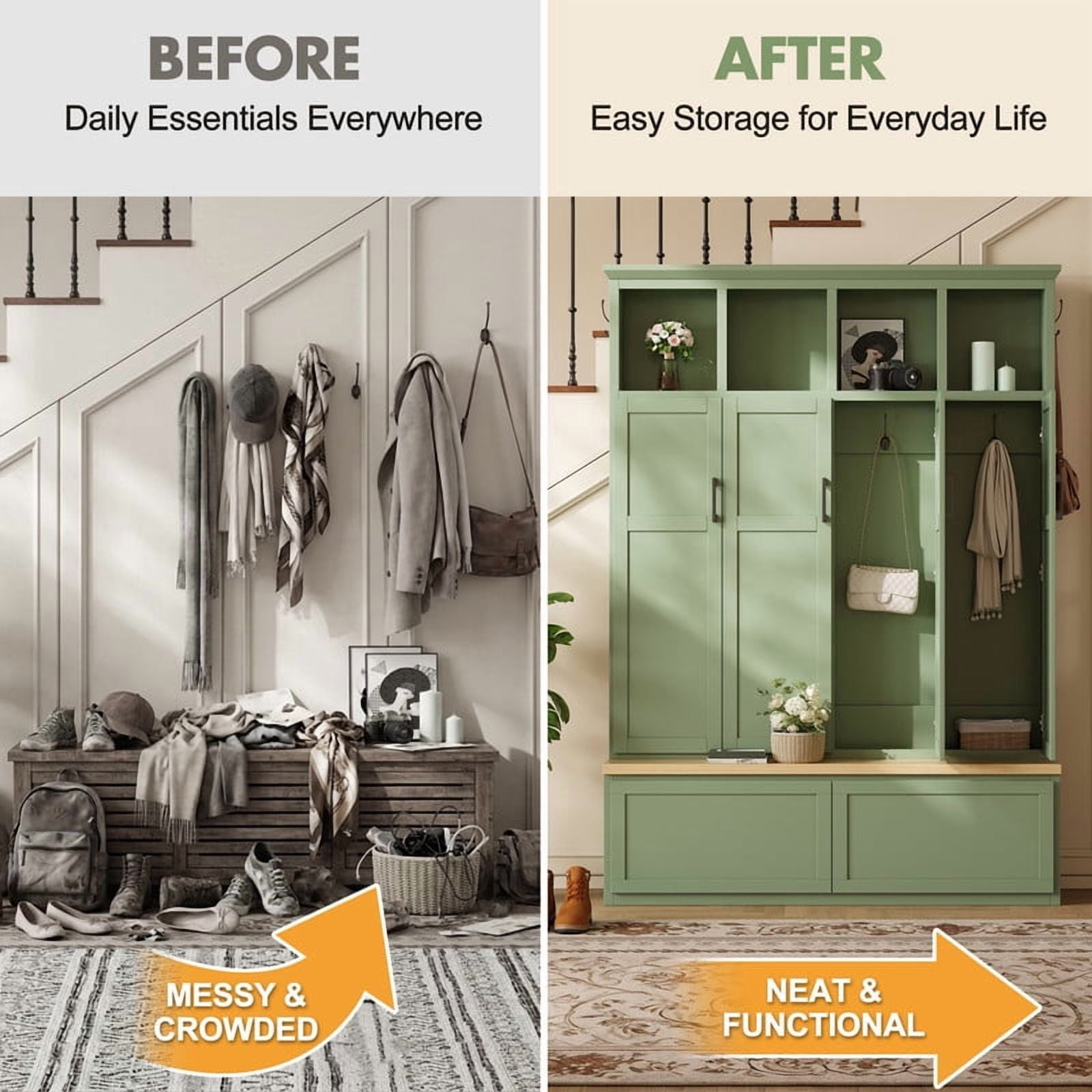 Farmhouse Hall Tree w/ 4 Cabinets w/ Door, Mudroom Coat Rack w/ Open Shelves, Entryway Storage Shoe Bench w/ 2 Drawers & 6 Hooks