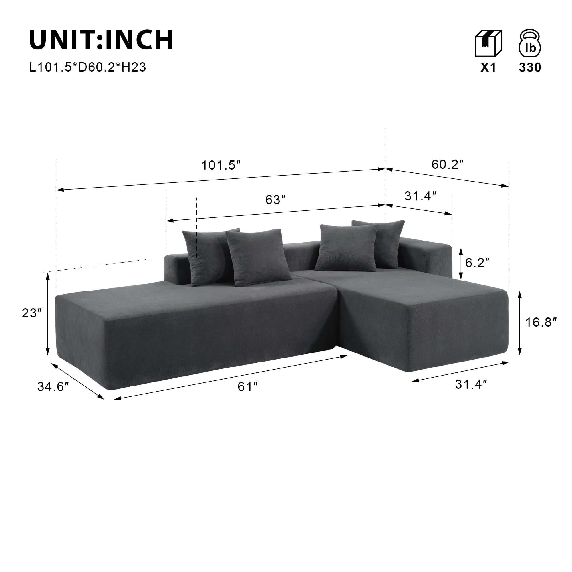 Modular L-Shaped Sectional Sofa with Deep Seat, 101-Inch High-Density Foam Sofa Bed, No Assembly Required, Living Room Couch, Dark Grey