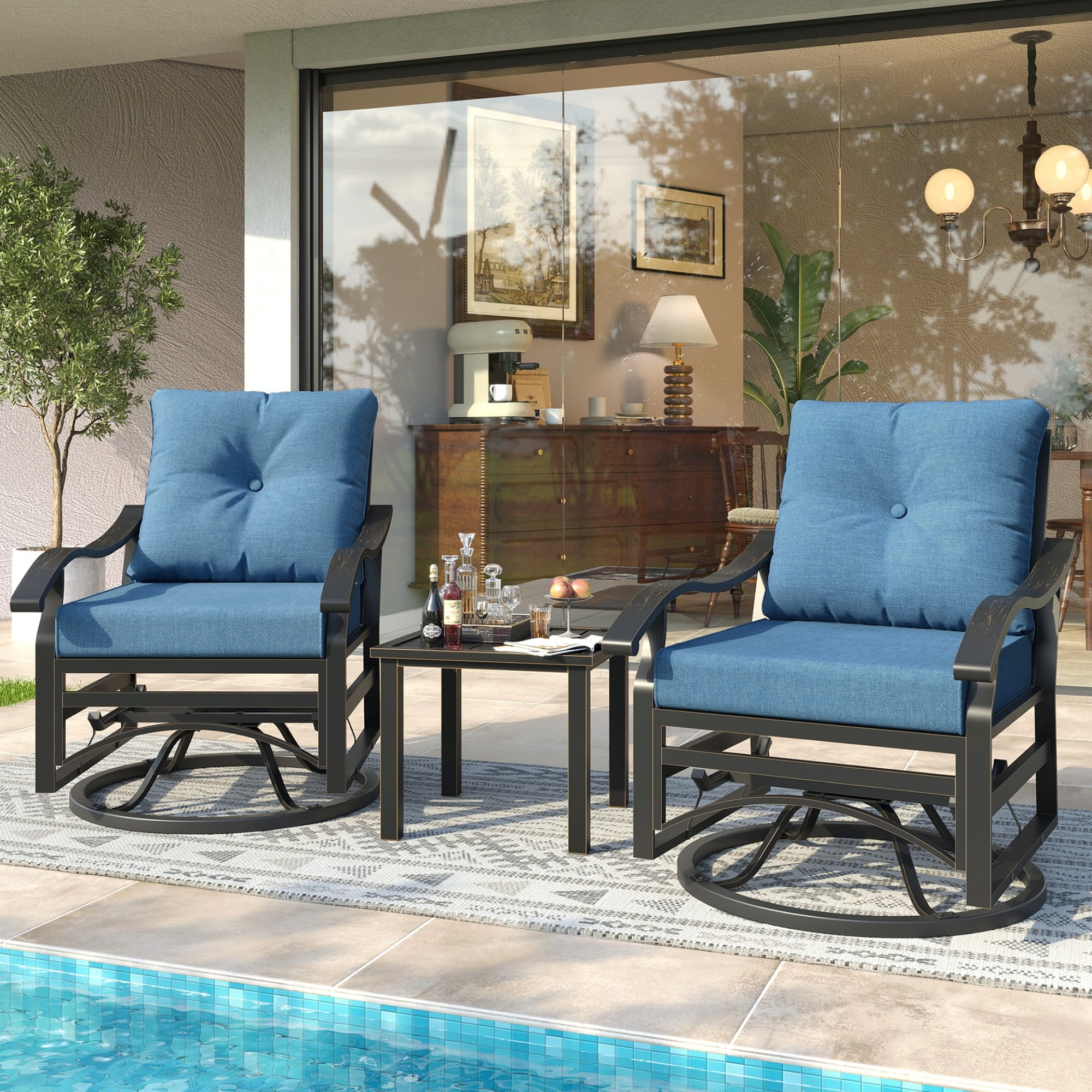 POTEBAN Outdoor Swivel Rocker Chairs, 3 Piece Metal Patio Rocking Chairs with Padded Cushions Patio Bistro Furniture Set with Side Table for Porch Balcony Backyard, Blue