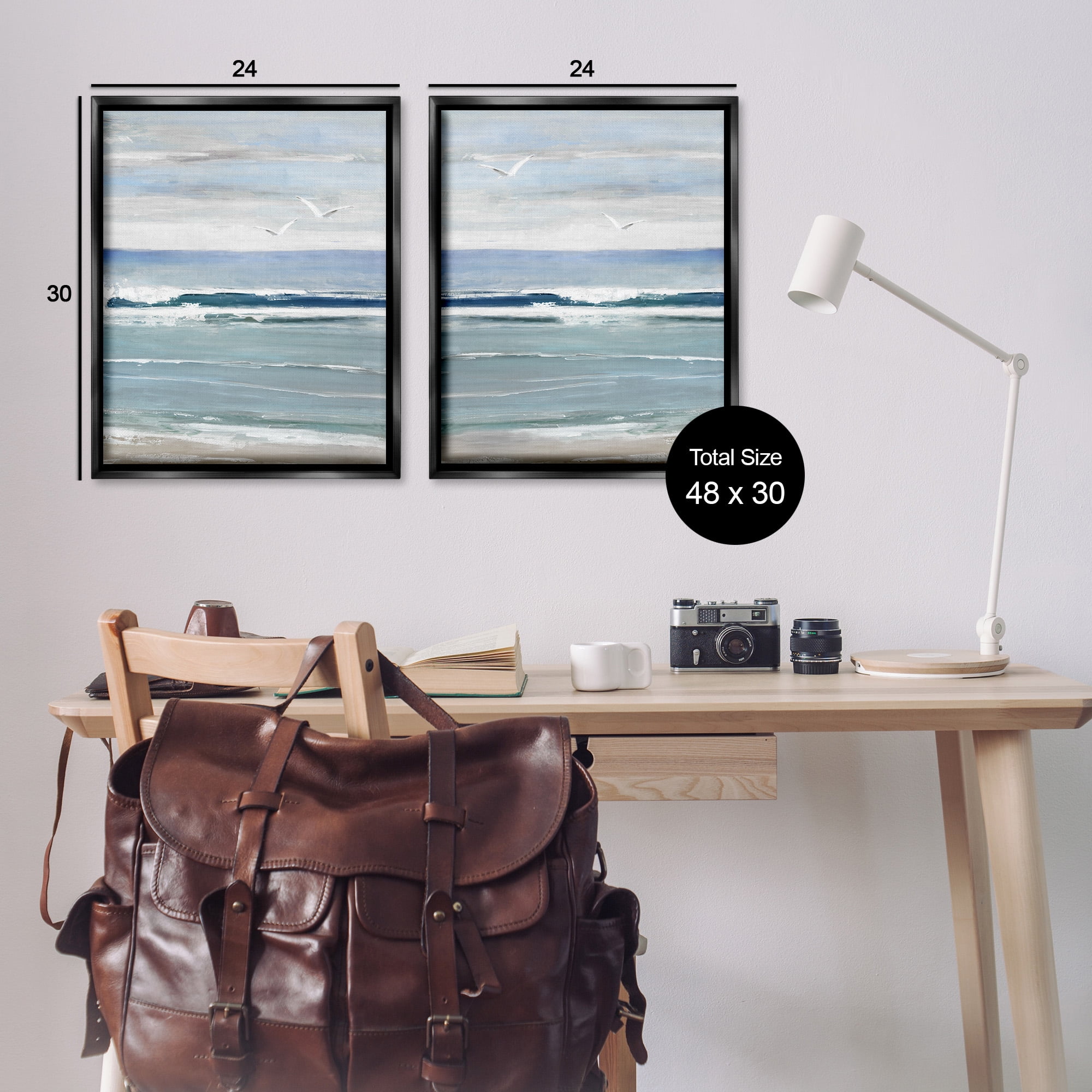Stupell Industries Seagulls over Beach Waves Landscape Painting Black Floater Framed Canvas Art Print Wall Art, 25 x 31, Set of 2