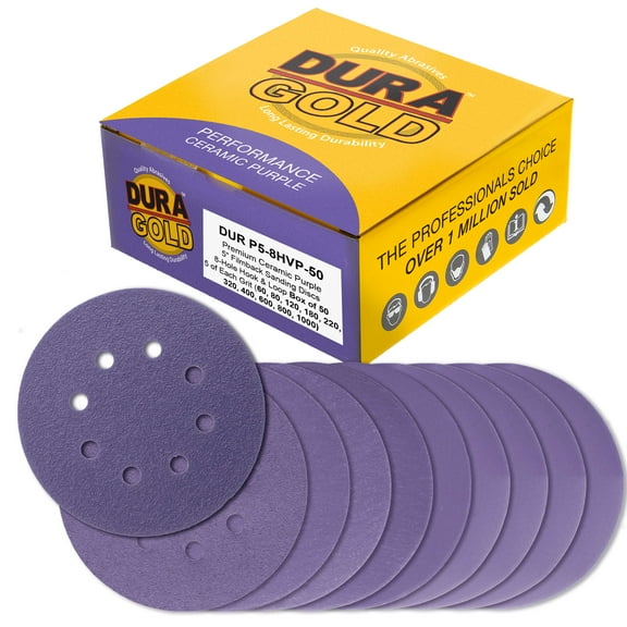 Dura-Gold Premium 5" Purple Film Ceramic Sanding Discs, 8-Hole Pattern, 50 Disc Variety Pack, Grits 60, 80, 120, 180, 220, 320, 400, 600, 800, 1000 - Hook & Loop Sandpaper, DA & Random Orbital Sander