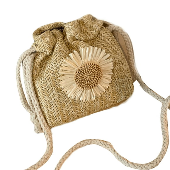 FAROOT Summer Weaving Floral Shoulder Bag Braided Bucket Drawstring Pack
