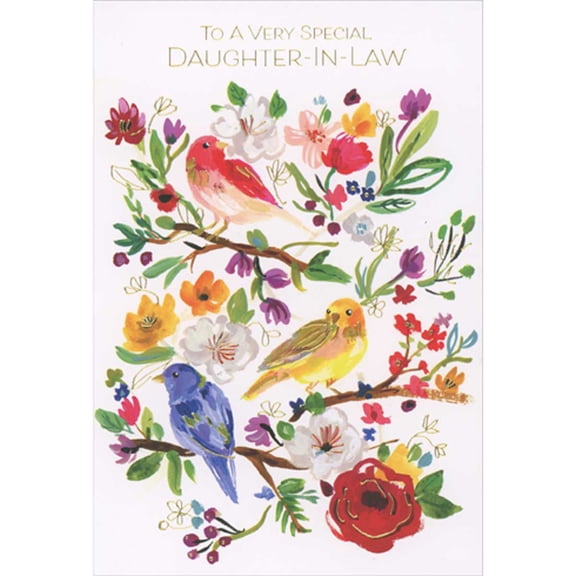 Pictura Painted Red, Blue and Yellow Birds on Flowering Branches Birthday Card for Daughter-in-Law