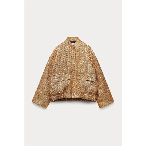 Autumn Winter Metal Color Sequin Woven Jacket For Women Loose Stand Collar Long Sleeve Coat Gold Chic Female Outwear