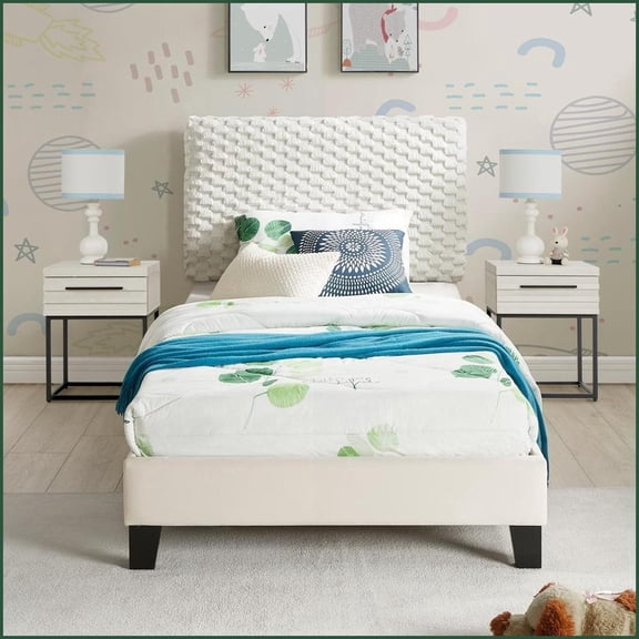 Bedroom Furniture Set 3-Piece Twin Upholstered Platform Bed with 2 Nightstands | White Dove | FabricMDFUpholstered | Standard Beds
