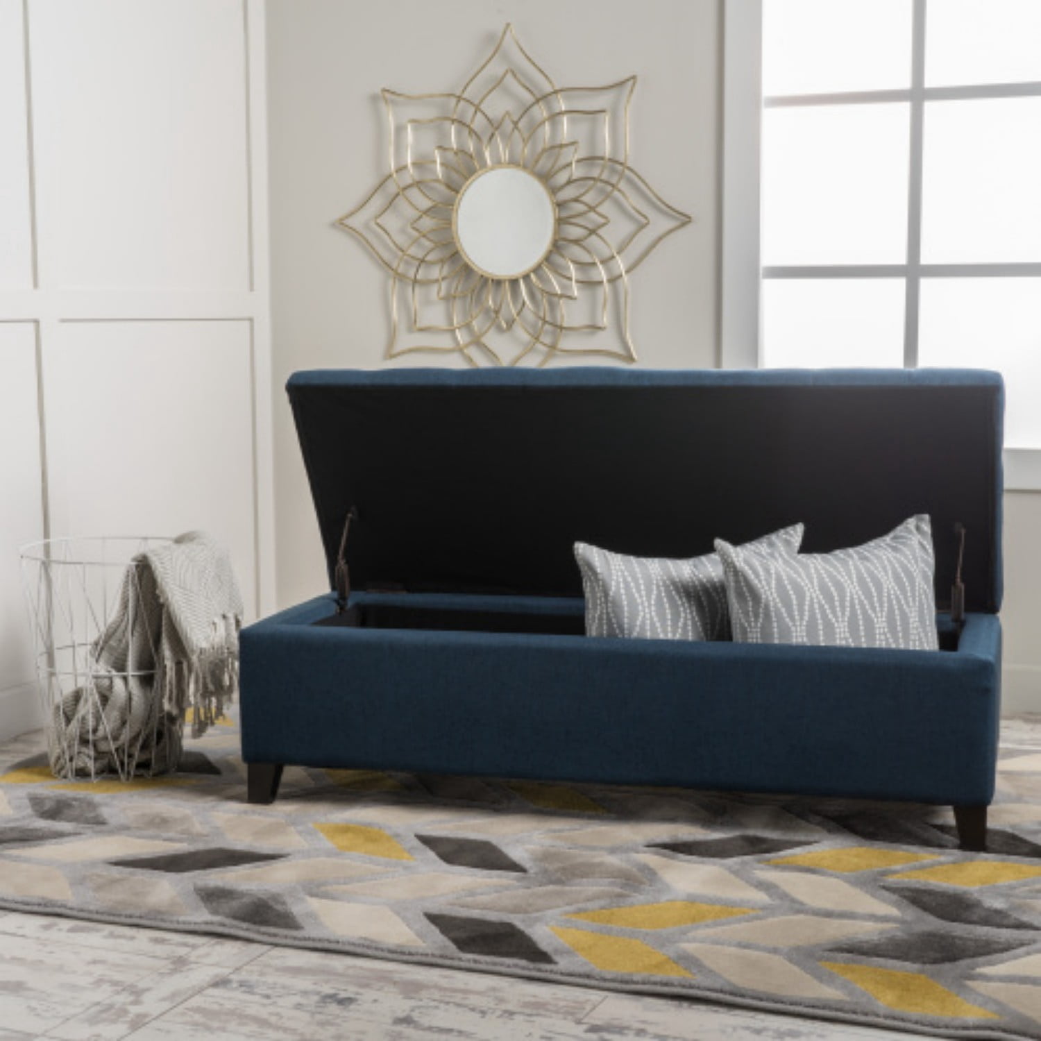 Upholstered Storage Ottoman Bench, Navy Blue Entryway Bench, End of Bed Bench, Foot Rest with Rubber Wood Legs, 300lbs Capacity
