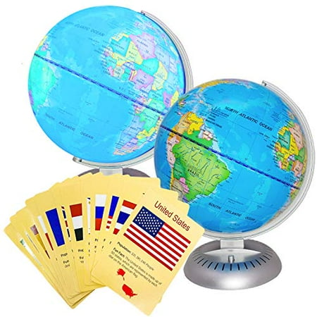 Illuminated World Globe Lights with Flash Cards by WhizBuilders – 8” Globe of The World with Stand Night Lights for Kids - Built-in LED Light Earth Globe with Easy to Read Labels for Continents