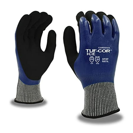 

10-Pack of Cordova 3727M Tuf-Cor Ice Work Gloves Two-Ply Shell: 13-Gauge HPPE/Glass & Brushed Acrylic Terry Blue Nitrile Full Coating Black Sandy Nitrile Palm Coating ANSI Cut Level A4 Medium