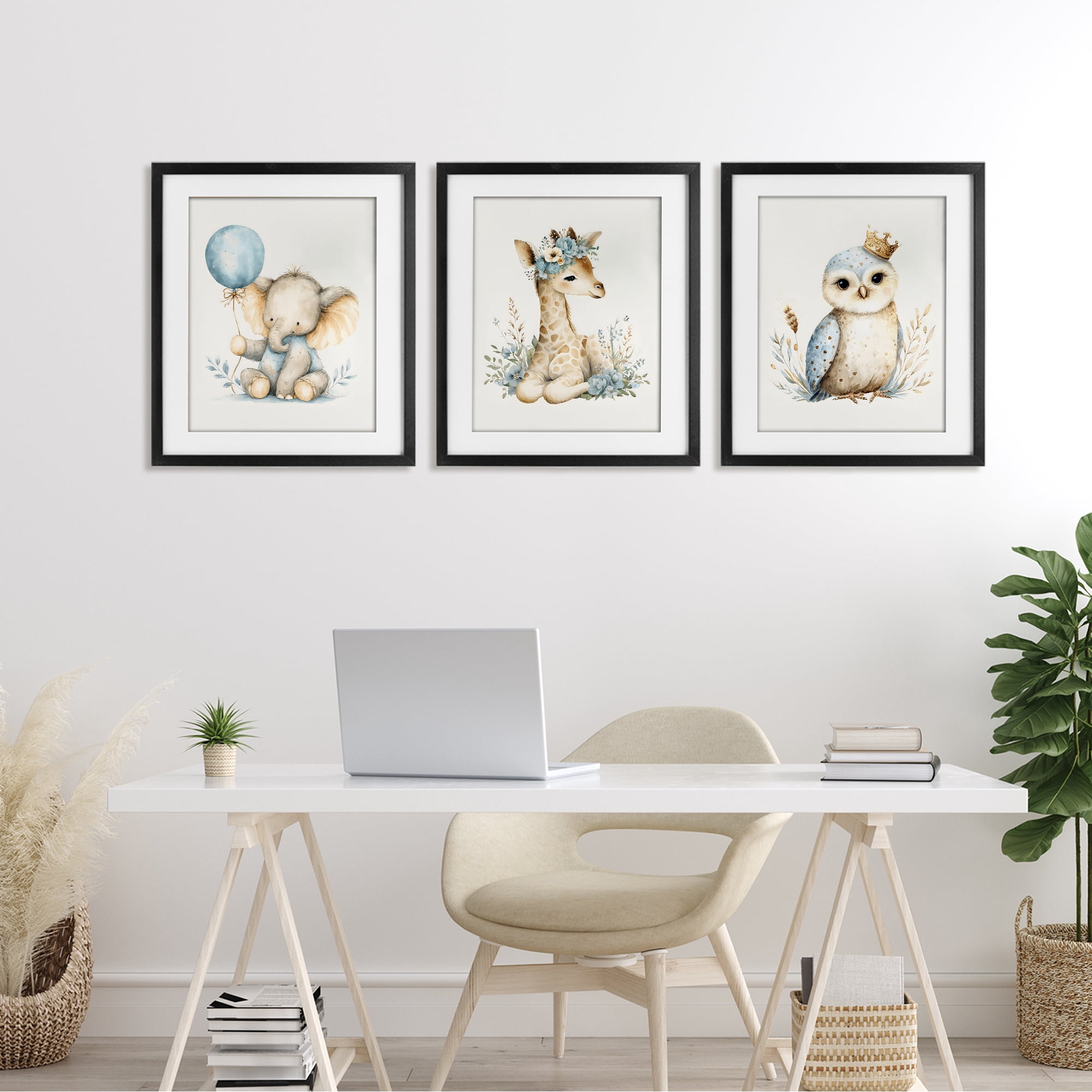 Stupell Industries Watercolor Nursery Animals 3 Piece Black Framed Print Under Glass Set, design by LSR Design Studio