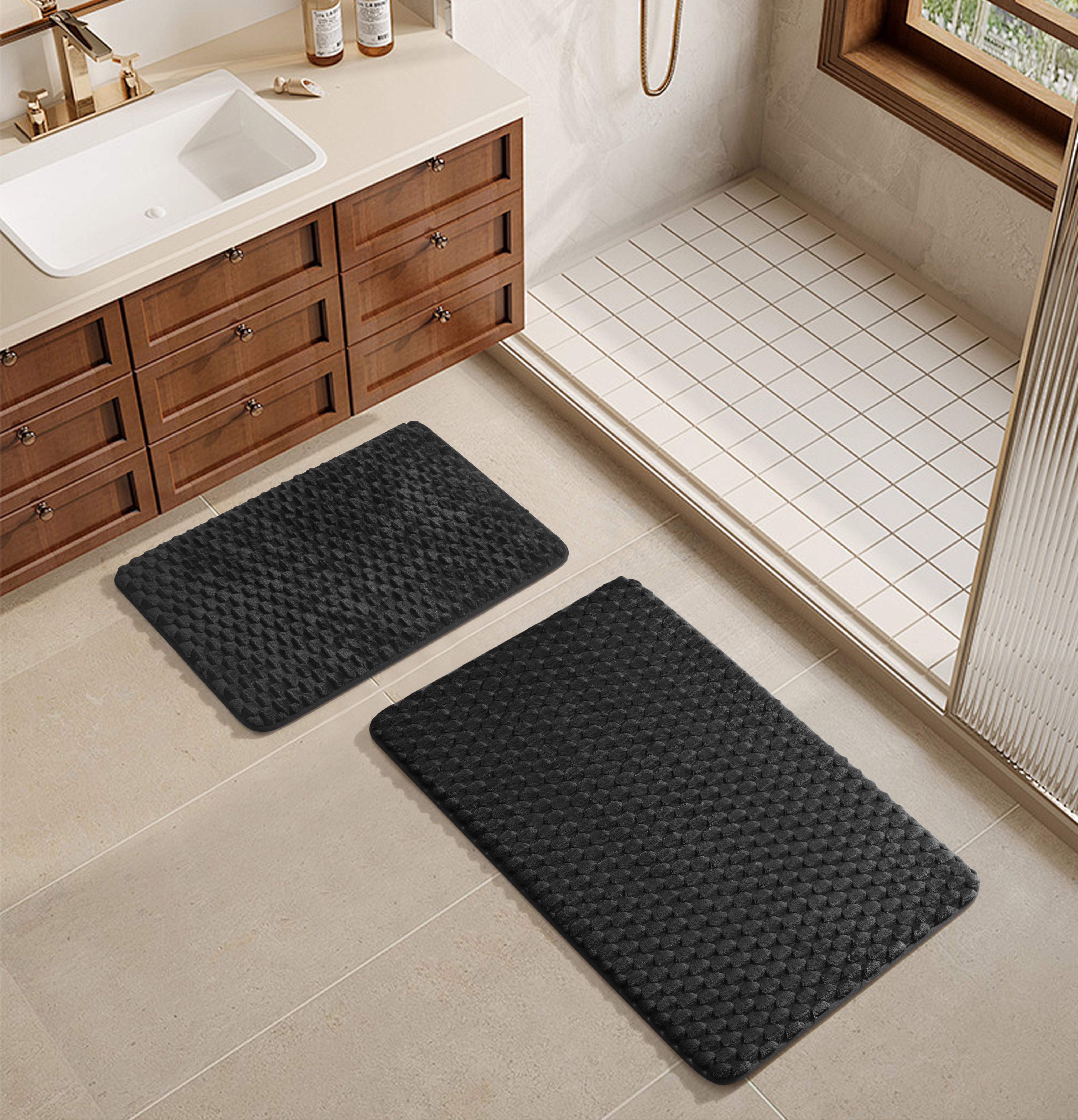 Mainstays Bubble Tile Memory Foam Bath Rug Set, Black