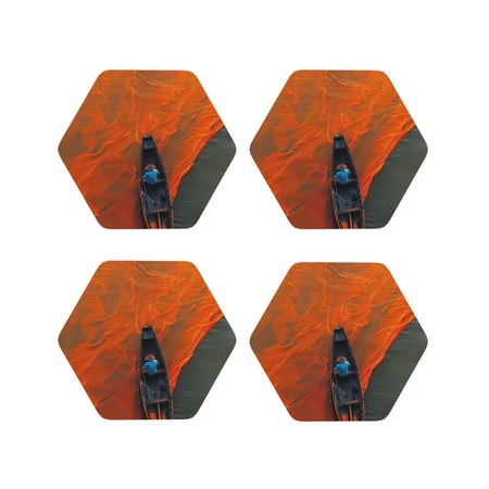 

Fuzoiu Orange Net Fishing Boat Print Leather Coasters Set Drink Coasters Set of 4 for Tabletop Protection Durable PVC Coasters Home Décor and Housewarming Gift-Hexagon