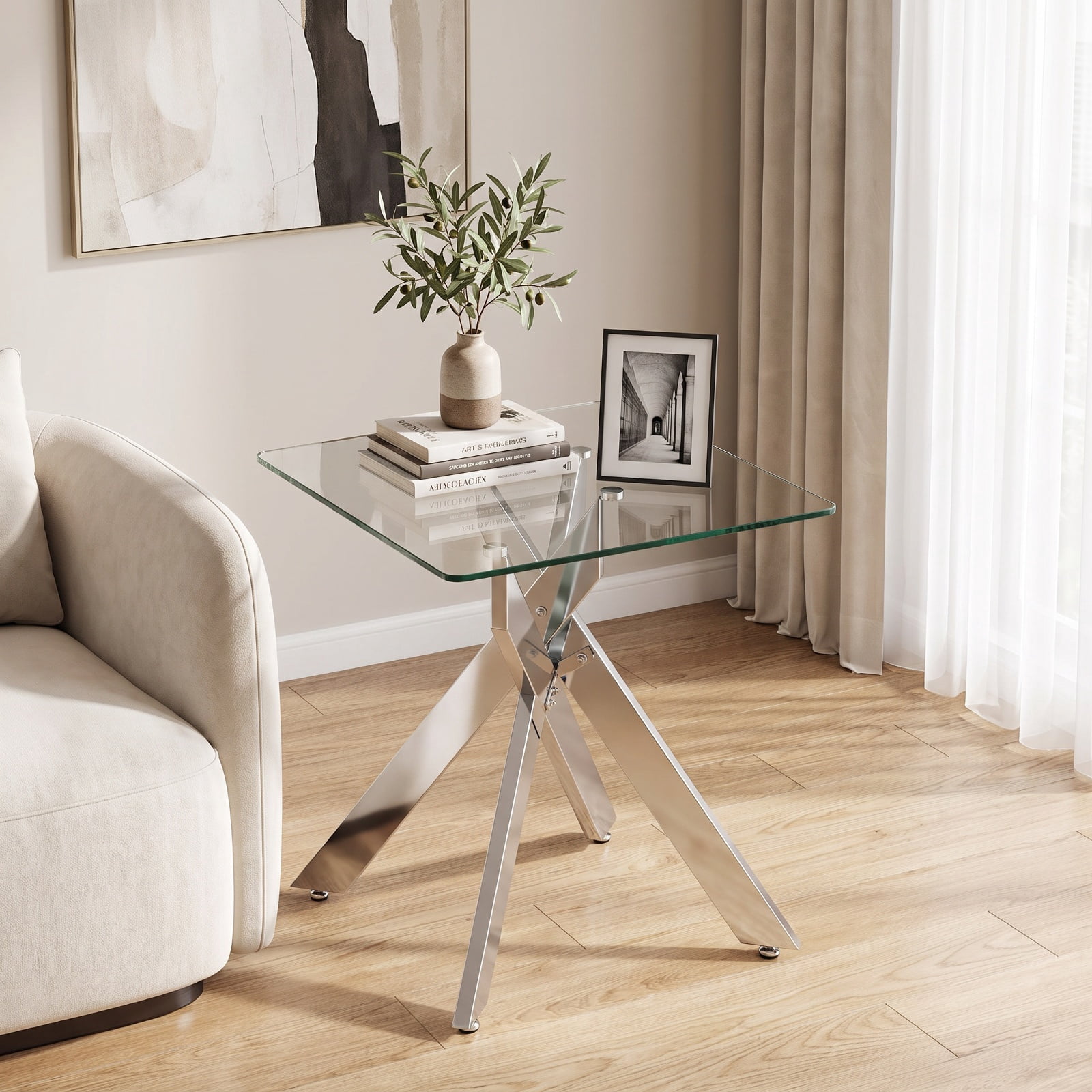 Furnibear Glass Side Table Square End Table with Tempered Glass Top and Metal X Base for Living Room Bedroom and Sofa Side, Silver