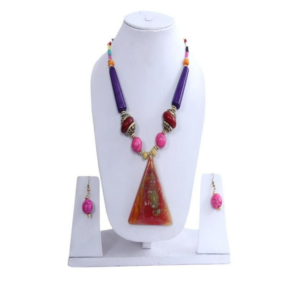Colorful Chunky Necklace Set With Gold Plated Hoop Earrings