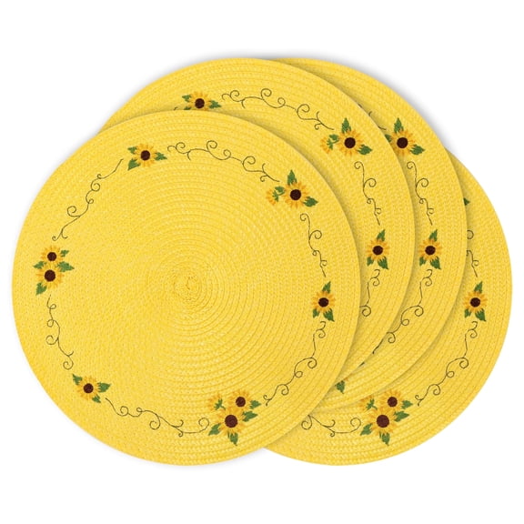 BVIEAKD 4-Piece Sunflower Embroidered Yellow Round Placemats Set of 4 - Woven Straw Mats for Dining Table, Summer Kitchen Decor, Outdoor Picnics & Garden Parties