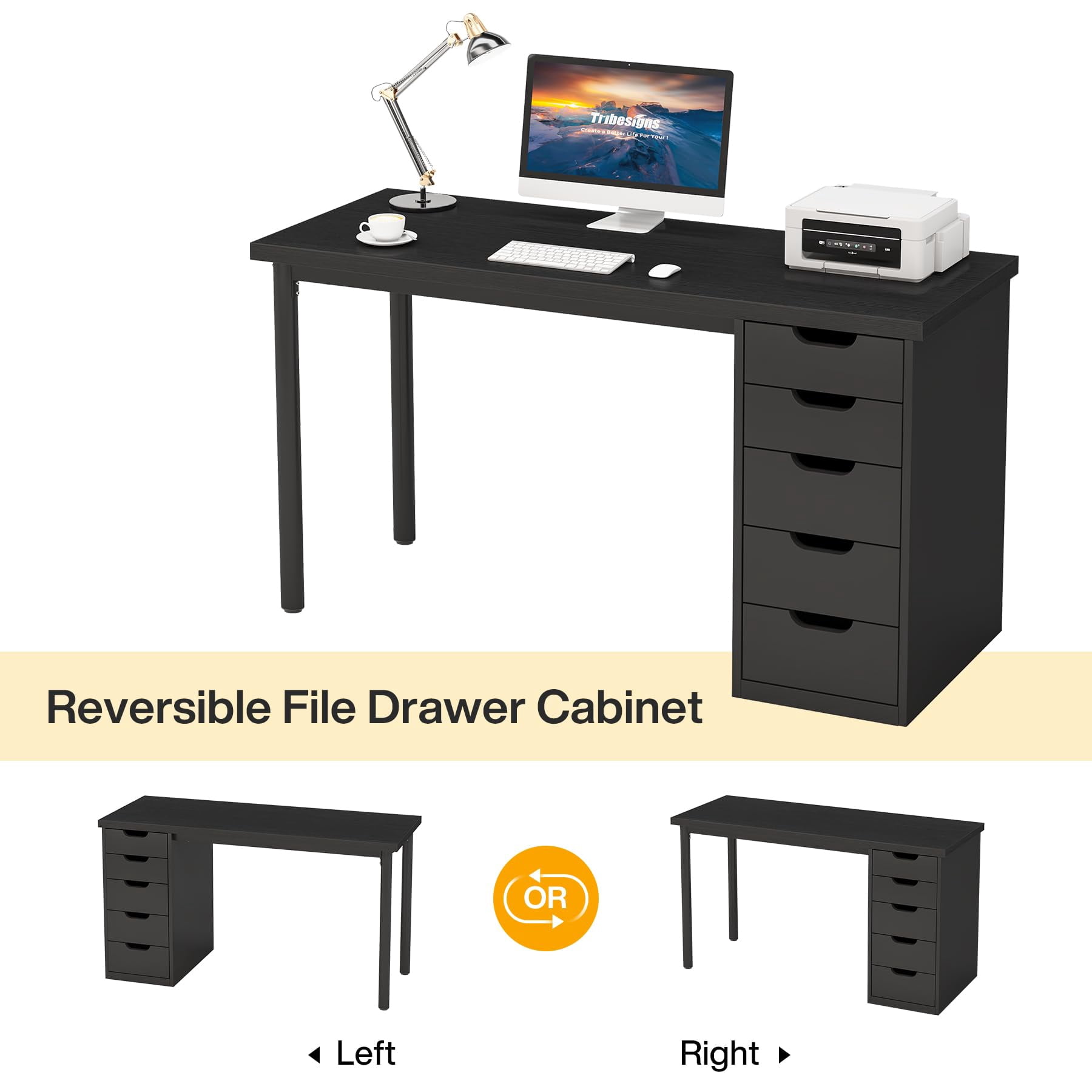 Tribesigns Computer Desk with 5 Drawers, 47 inches Rustic Brown Home Office Desk with Storage, Modern Study Writing Table Workstation for Small Spaces, Black