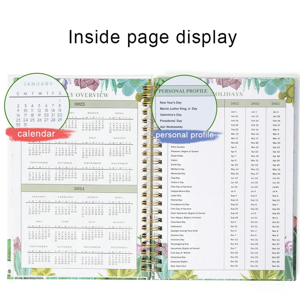 CSCHome Durable Planner 2023-2024, Coil A5 Notebook, Fine Floral Printing Hard Cover Weekly Planner , Flat 180° Spreadable for Students, Office Workers