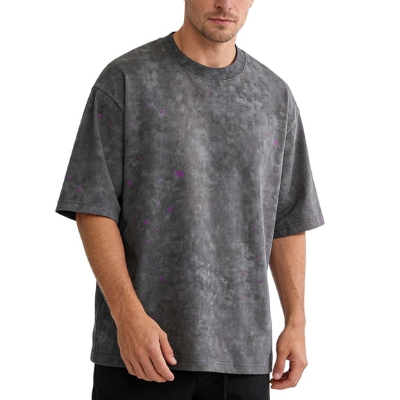 LEKWK Mens T Shirt Oversized Crewneck Acid Wash Graphic Tops Short Sleeve Speckle Print Drop Shoulder Loose Fit Tees Streetwear Casual Tops Dark Gray XL