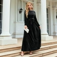 thumbnail image 6 of Women'S Elegant Velvet Belted Pleated Long Sleeve Cocktail Party Formal Wedding Guest A-Line Maxi Long Dress Black S, 6 of 9