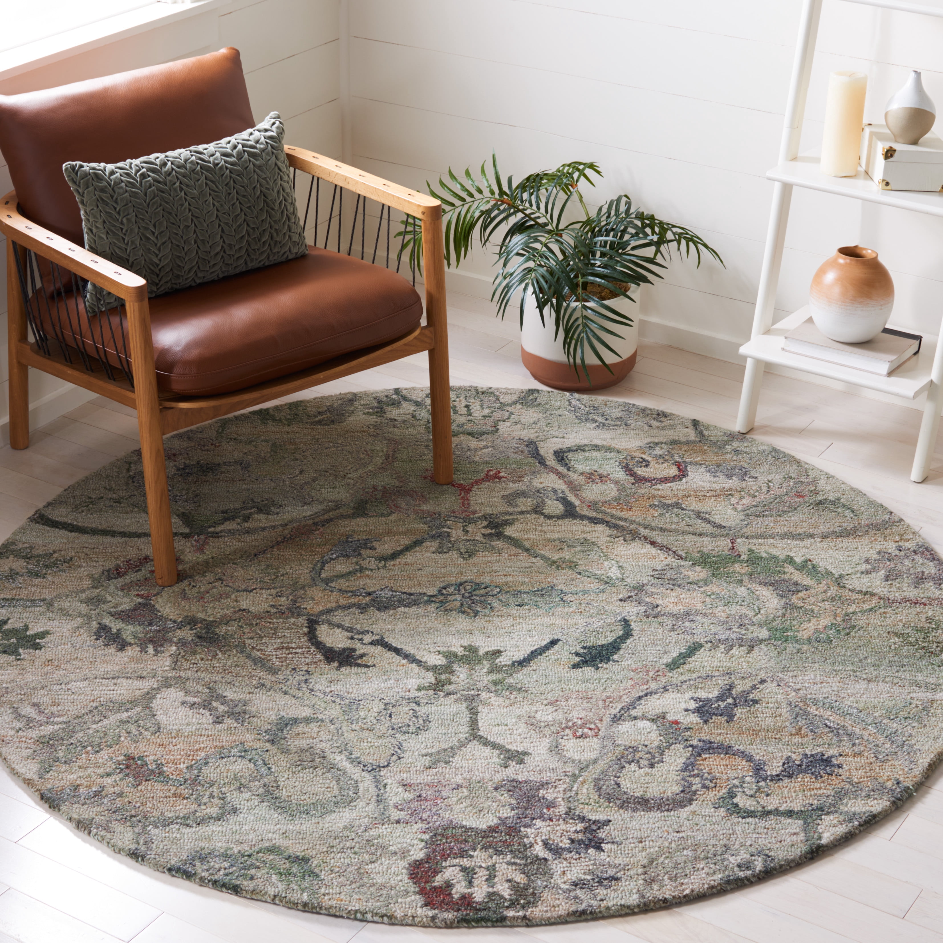 SAFAVIEH Anatolia Jamaar Floral Area Rug, Sage/Beige, 8' x 8' Round
