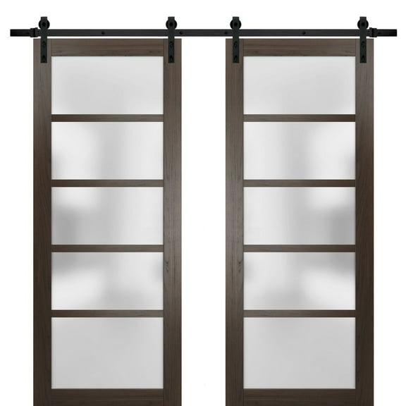 Sturdy Double Barn Door with Frosted Glass | Quadro 4002 Chocolate Ash | 13FT Rail Hangers Heavy Set | Solid Panel Interior Doors-36" x 96" (2* 18x96)-Black Rail