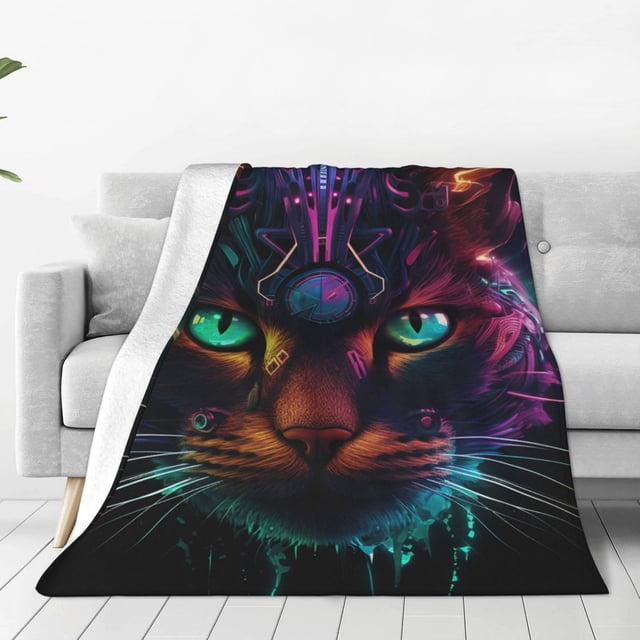 Balery Futuristic Cat Warrior Manta de Felpa Suave y Acogedora – Cobija de Franela Aterciopelada para Cama, Lavable y Cálida para Sofá, Mascotas, Transpirable-80"x60"