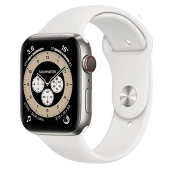 Restored Apple Watch Series 6 GPS + Cellular, 44mm Silver Stainless Steel Case with White Sport Band - Regular