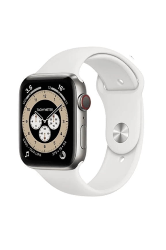 Restored Apple Watch Series 6 GPS + Cellular, 44mm Silver Stainless Steel Case with White Sport Band - Regular