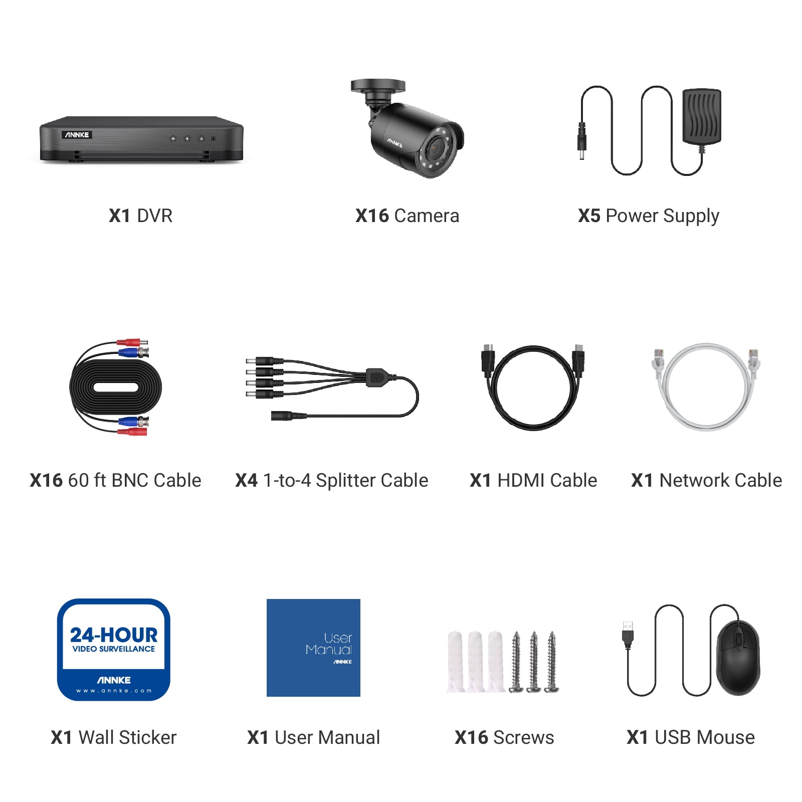 ANNKE Surveillance Camera System,16 Channel 5-in-1 DVR with 10pcs Wired 1080p HD Indoor Outdoor Cameras with IR Night Vision
