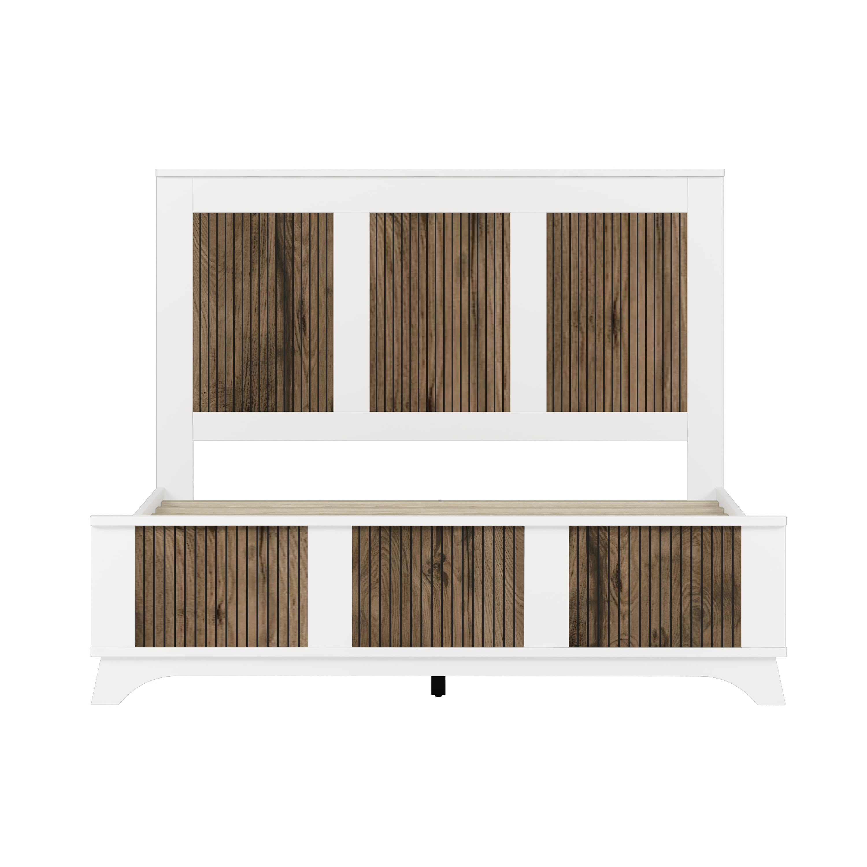Mintazer 4 Piece Farmhouse Bedroom Set with 2 Nightstand & 6 Drawers Dresser, Queen Size Platform Bed Frame with Strip Stickers Decoration for Bedroom, White