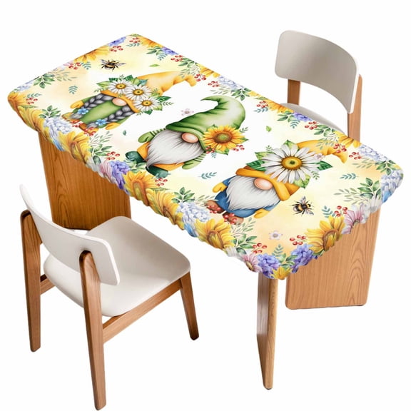 Yellow Sunflowers Table Cloths for 4 Foot Rectangle Tables, Spring Gnomes Hydrangea Daisy Plants Patio Waterproof Elastic Fitted Tablecloths, Washable Rectangular Table Cover for Camping