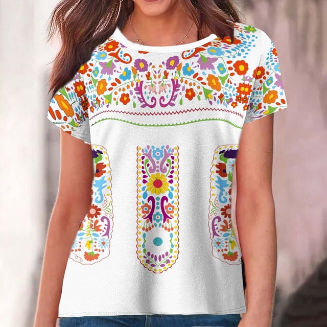 Fiudx Camisetas para Mujer Top de Cuello Redondo de Manga Corta Estampado de Estilo Étnico para Mujer