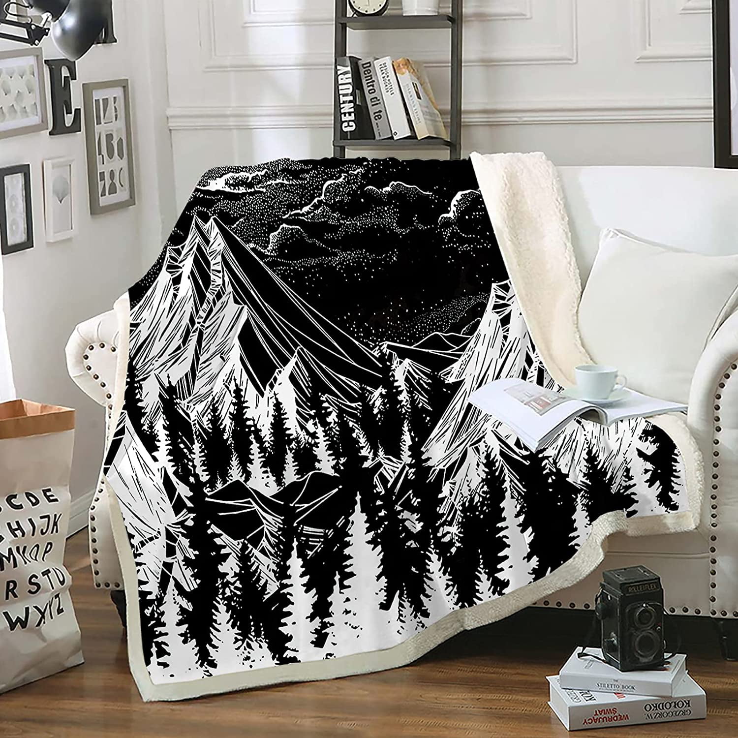 HHHC Mountain Throw Blanket Black White Mountain Sherpa Fleece Blanket Black Galaxy Moon Mountain Sketch Pattern Design Soft Warm Plush Blanket for Bed Couch Floor Mountain Throw 50 x60 Walmart
