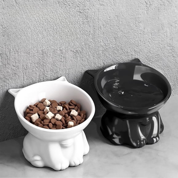 Comedero y Bebedero Elevado de Gran Capacidad para Gatos, con Soporte para El Cuello y Alivio de Bigotes. Plato de Plástico para Mascotas En Blanco o Negro.