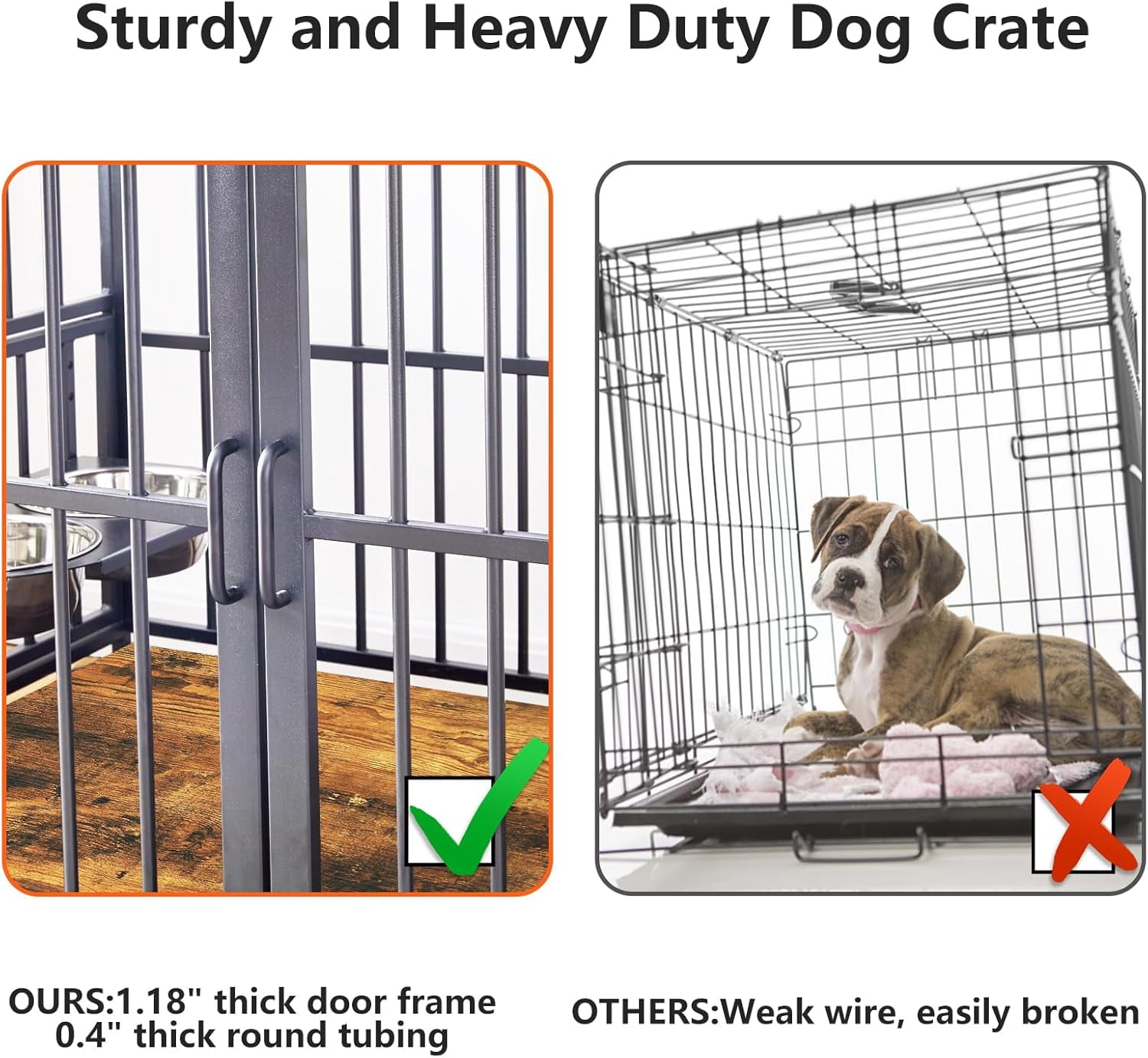 41" Dog Crate Furniture with Adjustable Bowls, Indoor Furniture Style Wooden Dog Kennel, Decorative Dog Cage End Table for Small, Medium Dogs, Brown