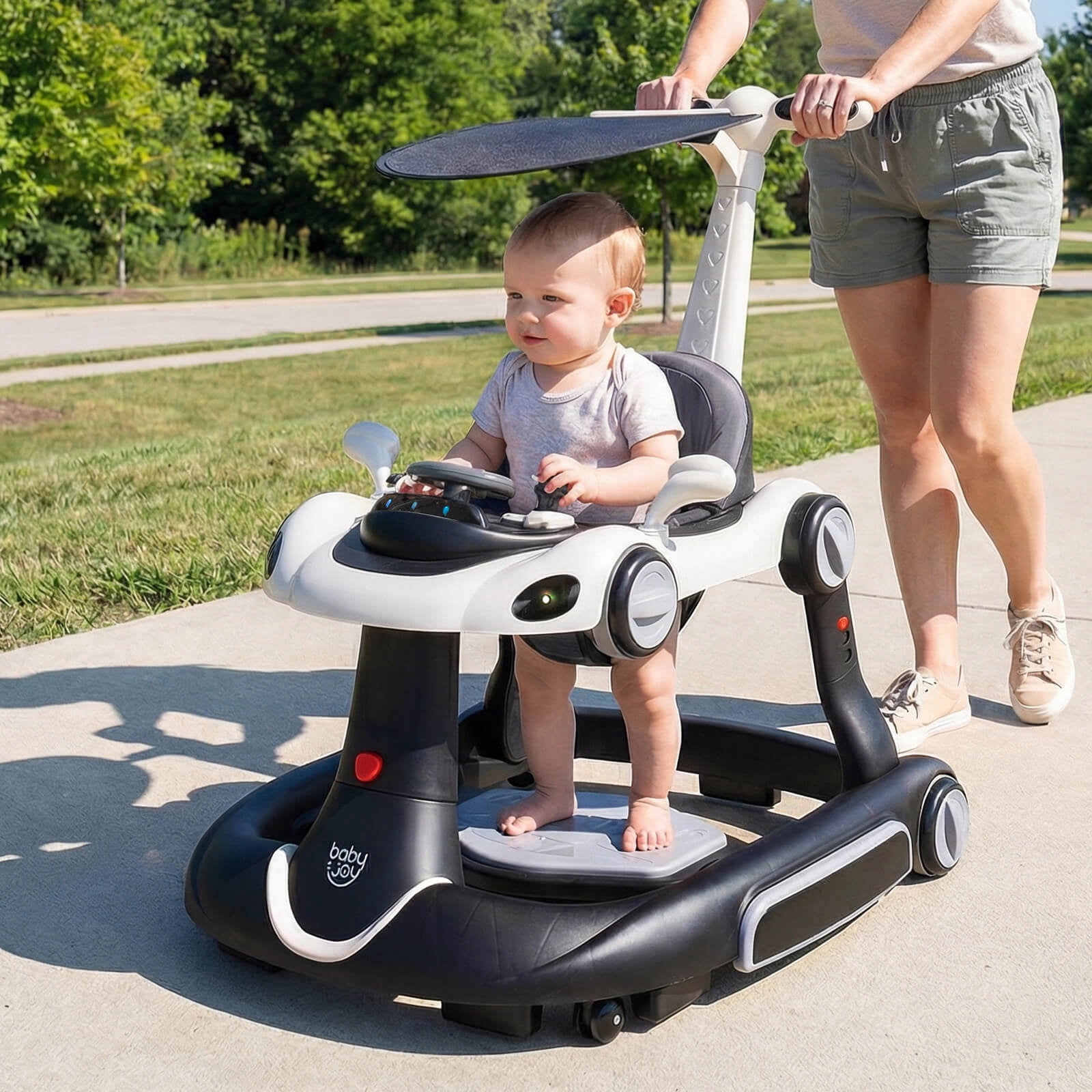 Babyjoy 6-in-1 Baby Walker with Canopy, Music, Lights, Speed/Height Adjustment & Wheels White + Black
