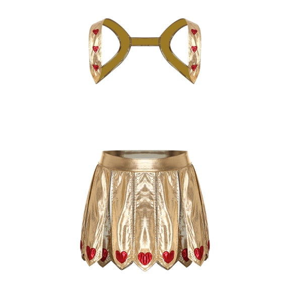 Aislor Mens Metallic Cupid Set Shiny Valentines Outfits Chest Harness with Slit Skirt Gold S