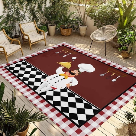 Outdoor Area Rug for Patio Funny Chef Kitchen Tableware Camping Rugs Indoor Large Floor Mat 5x7ft Burgundy Red Black Lattice Outside Carpet for Deck RV Picnic Porch Backyard Bedroom Living Room