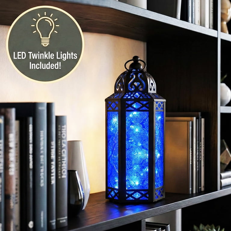 Moroccan Metal Candle Lantern Holder with LED Fairy String Lights