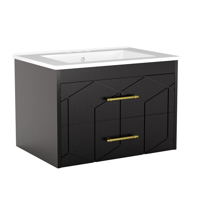 Modern Floating Bathroom Vanity Set, Wall Mounted Cabinet with Large Soft-Close Drawer and Gold Handle, Space-Saving Design