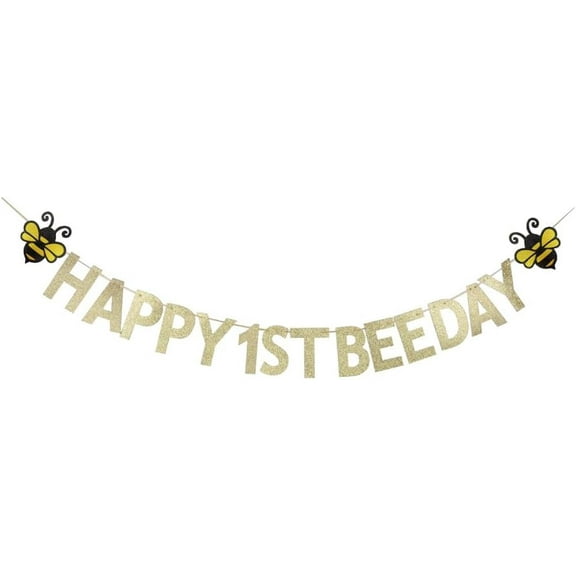 Happy 1st Bee Day Banner, Vintage Gold Glitter 1st Birthday Party Sign Paper Decors Supplies