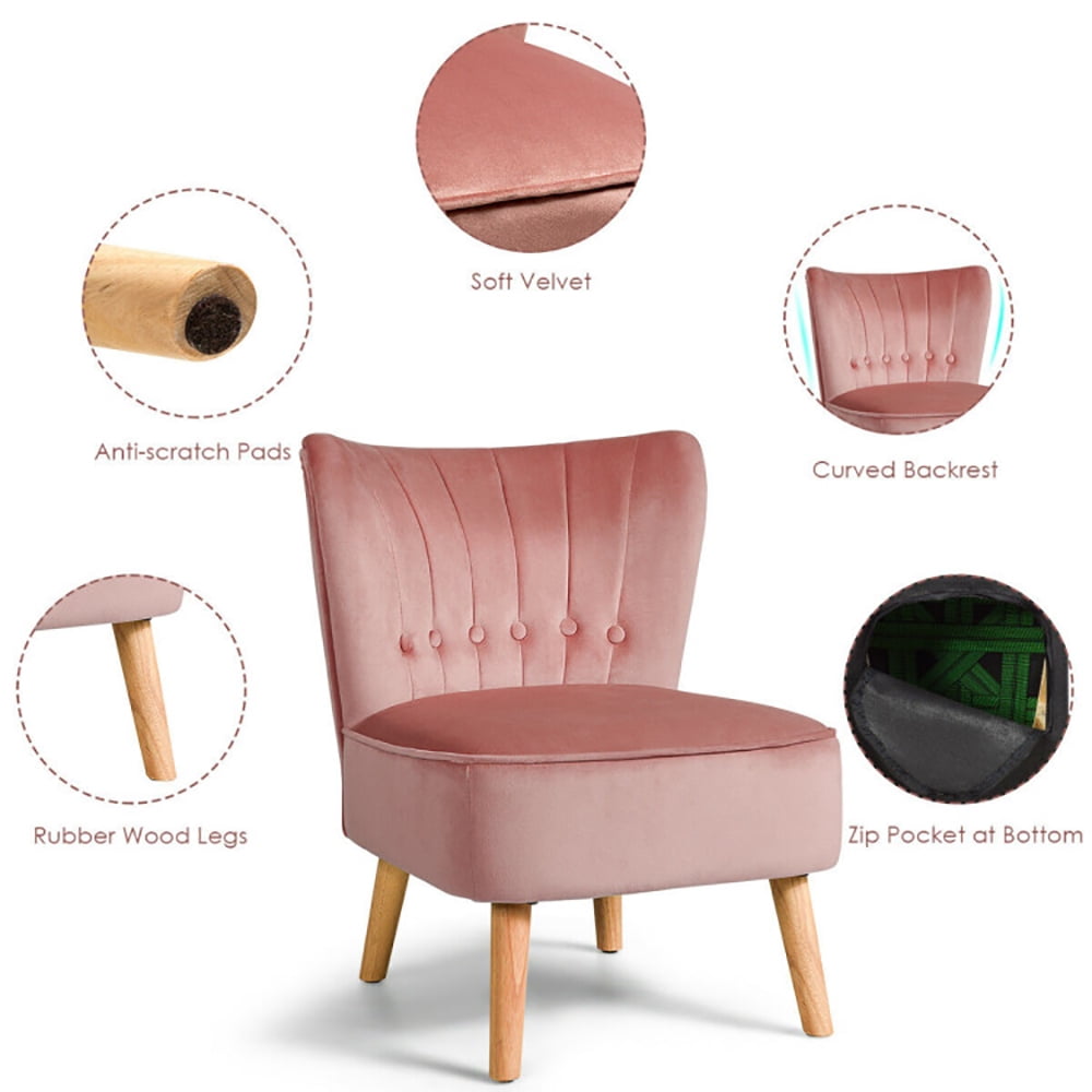 Finihen Velvet Accent Chair, Armless Accent Chair Tufted Velvet Leisure Chair, Thickly Padded, Armless Wingback Club Chairs for Living Room, Bedroom, Pink